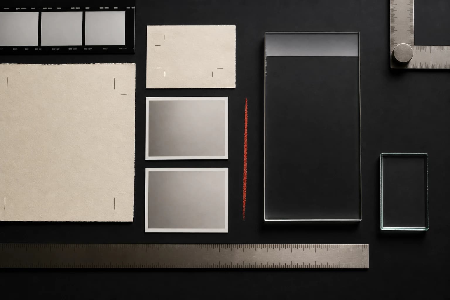 Top-down material contact sheet with blank paper, chrome rulers, acrylic page slabs, and one vermilion registration line