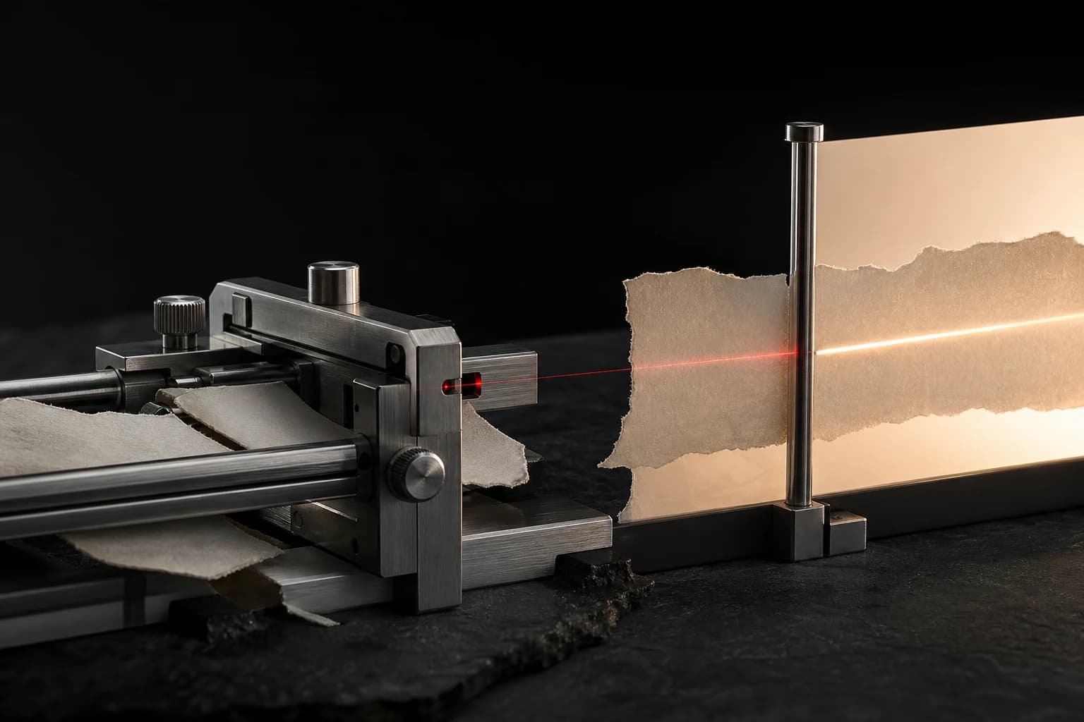 Bone paper moving through a precision chrome mechanism toward a luminous finished plane