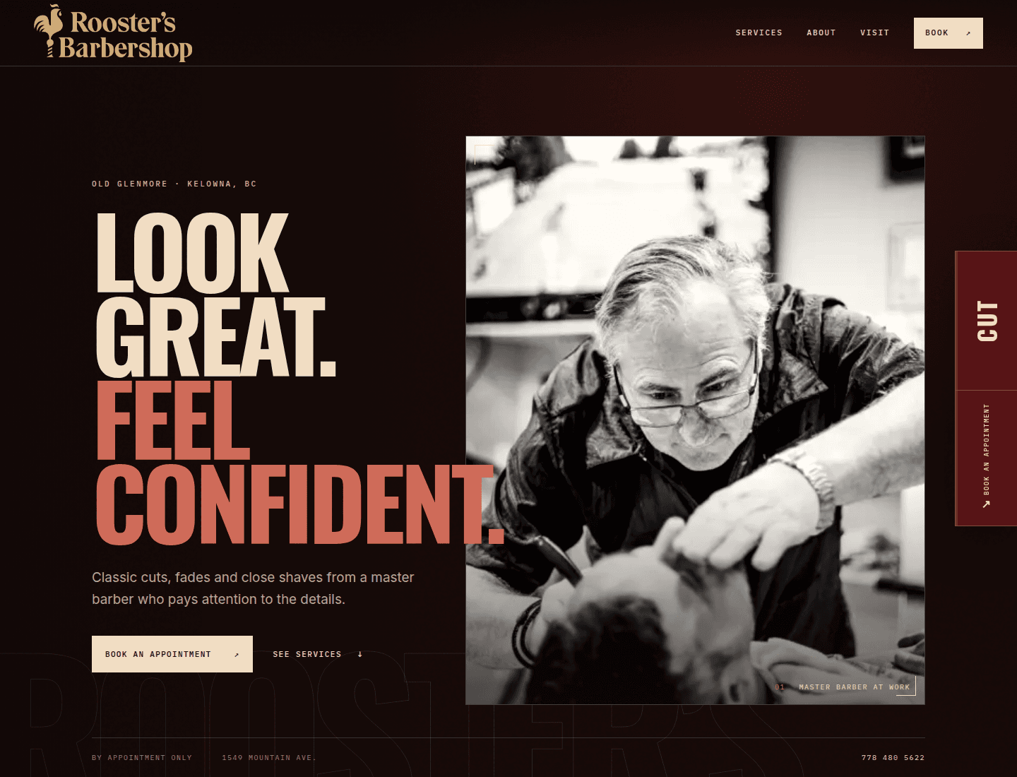 Desktop hero of the independent Rooster’s Barbershop rebuild, with an editorial headline and authentic shop photography